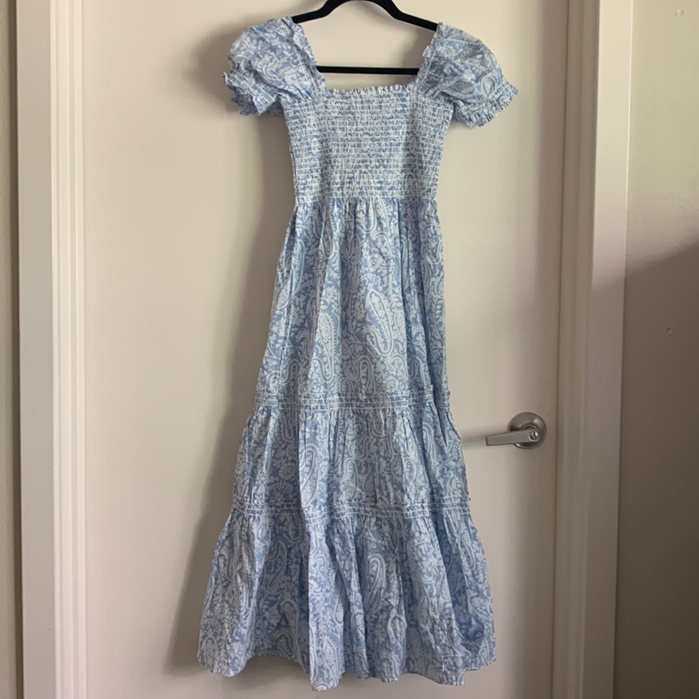 100% cotton white and blue smocked paisley tiered midi dress